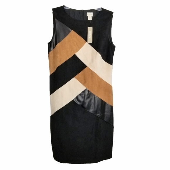 Chicos NWT Pieced Short Dress Sleeveless Color Block Faux Suede Brown Size 0 S/4 - Picture 13 of 14